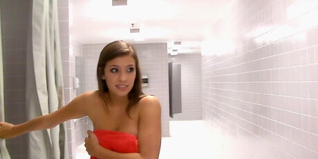 Hot coed Stephanie Moretti showing big hooters and jerking off in shower